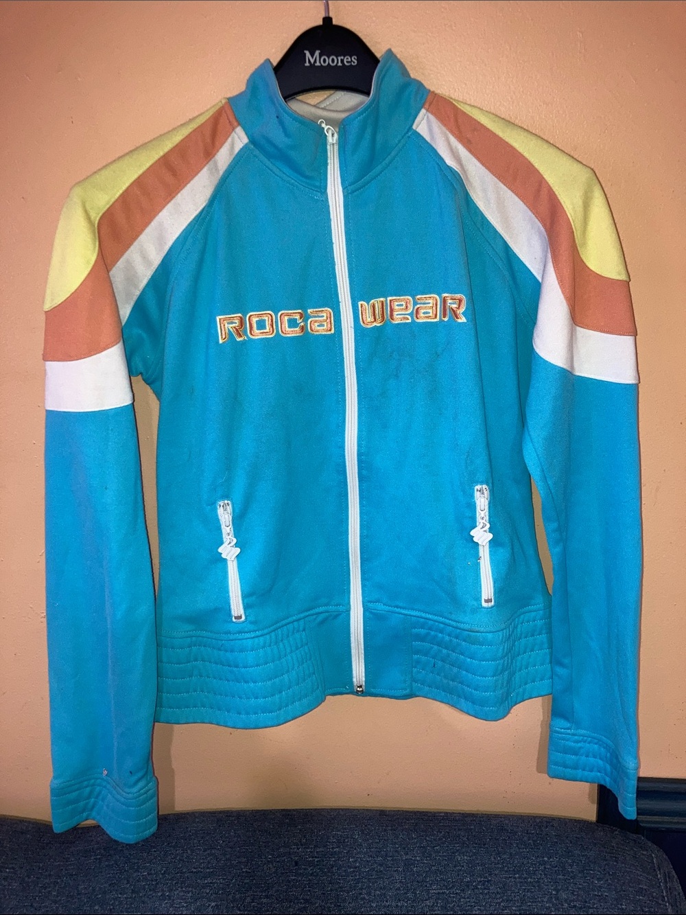 Y2K Rocawear Turquoise and Cream Colorblock Zip Jacket